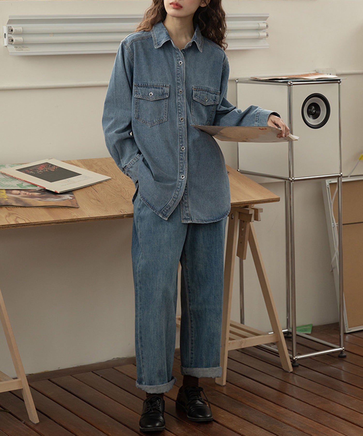 エーバイマガジンデモード A by MAGASIN DE MODE ウォッシュ加工デニムシャツ KNF （ブルー） ブルー