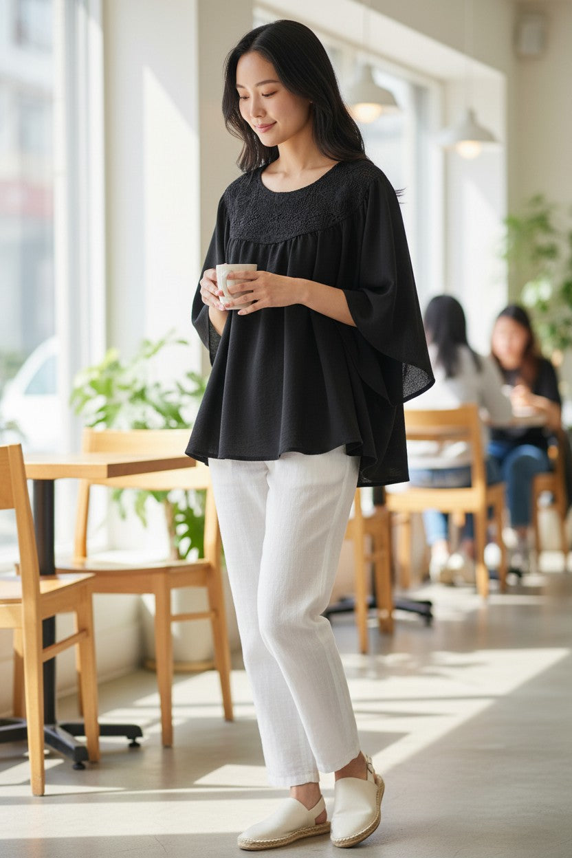 マハラモダン MAHARA MODERN ヴィンテージワッシャーレースポンチョ （ブラック） ブラック