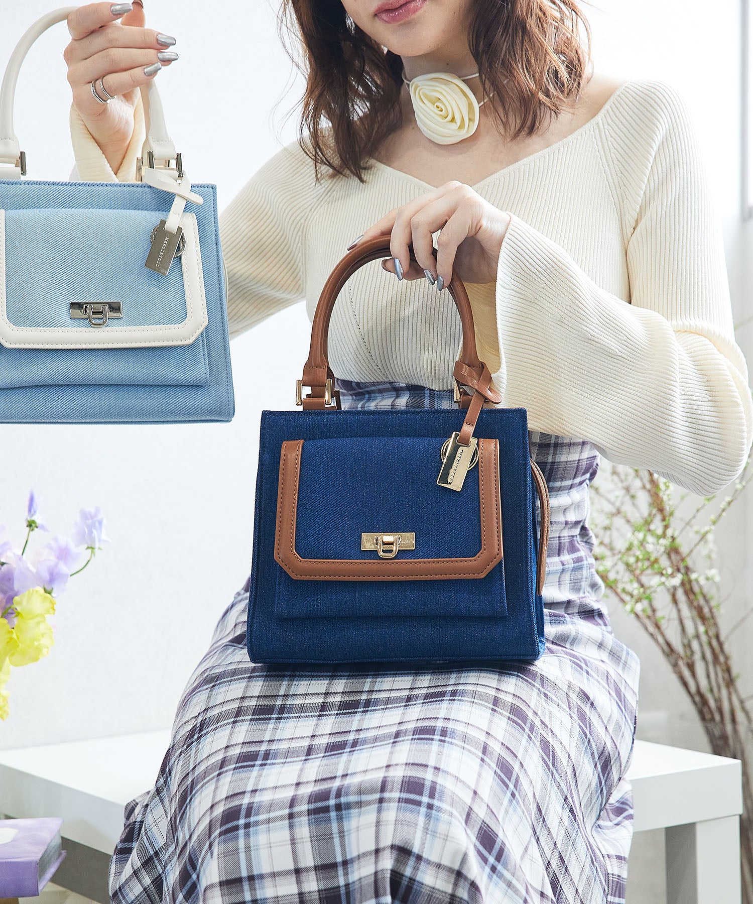 マーキュリーデュオ MERCURYDUO デニムコンビ フラップハンドバッグ （NVY） NVY