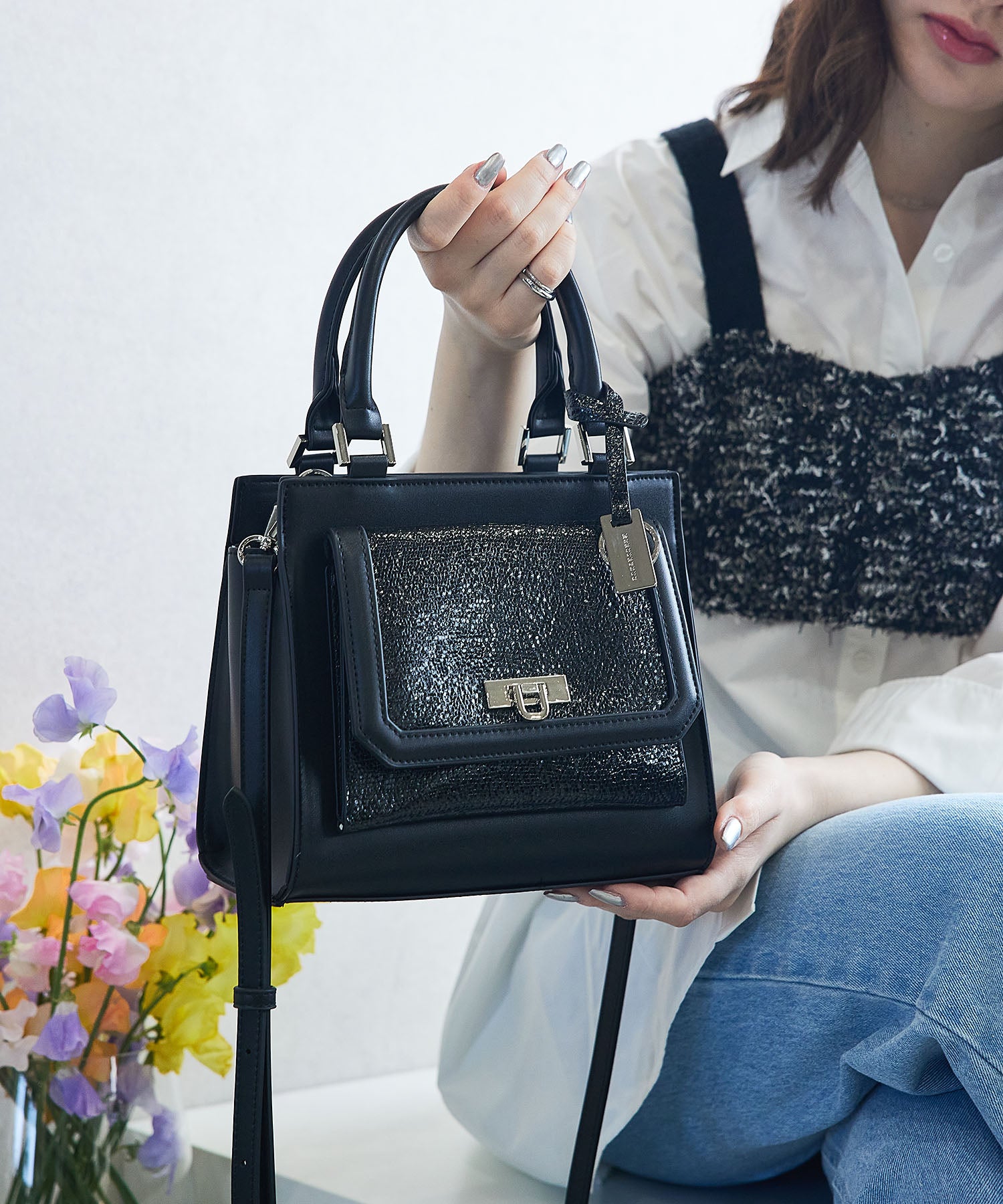 マーキュリーデュオ MERCURYDUO メタリッククラック調型押し フラップハンドバッグ （BLK） BLK
