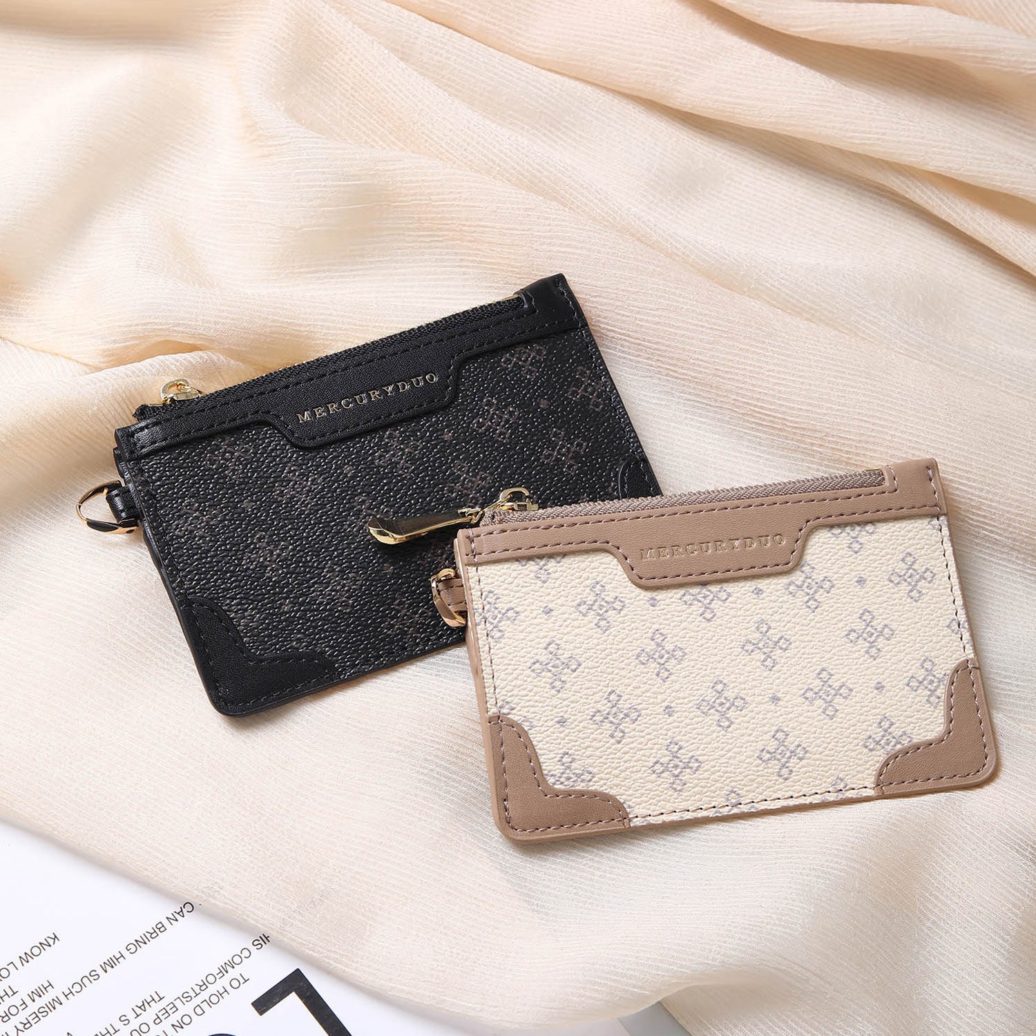 MERCURYDUO Wallet Card Case Ladies L-Zip Fastener MONOGRAM SLIM WALLET black beige black MER-90080W