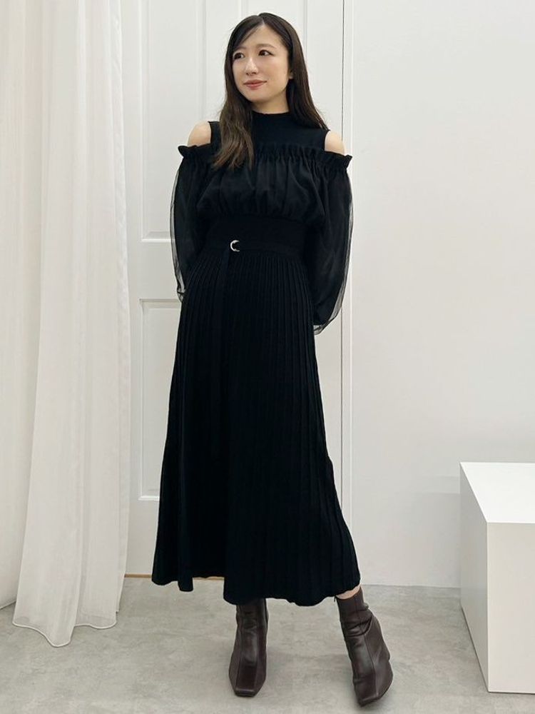 MERCURYDUO Mixed Material Docking Off-Shoulder Knit Dress