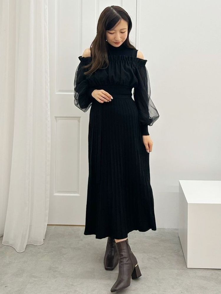 MERCURYDUO Mixed Material Docking Off-Shoulder Knit Dress