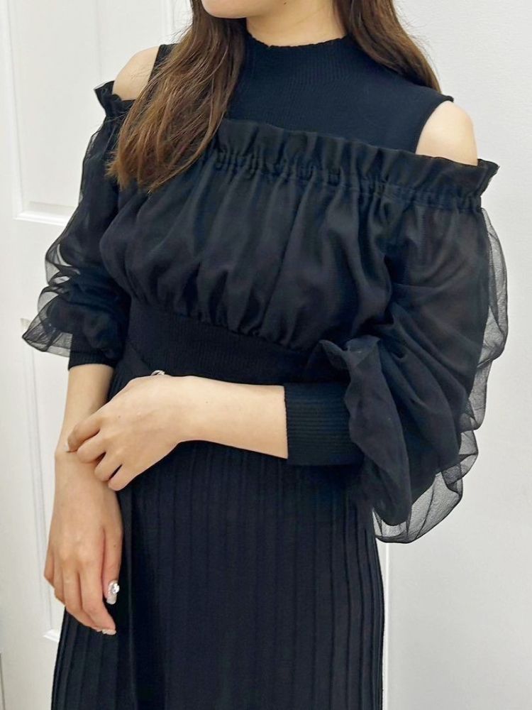 MERCURYDUO Mixed Material Docking Off-Shoulder Knit Dress