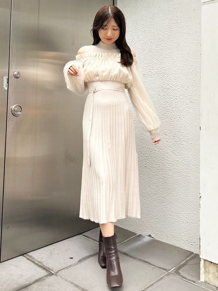 MERCURYDUO Mixed Material Docking Off-Shoulder Knit Dress