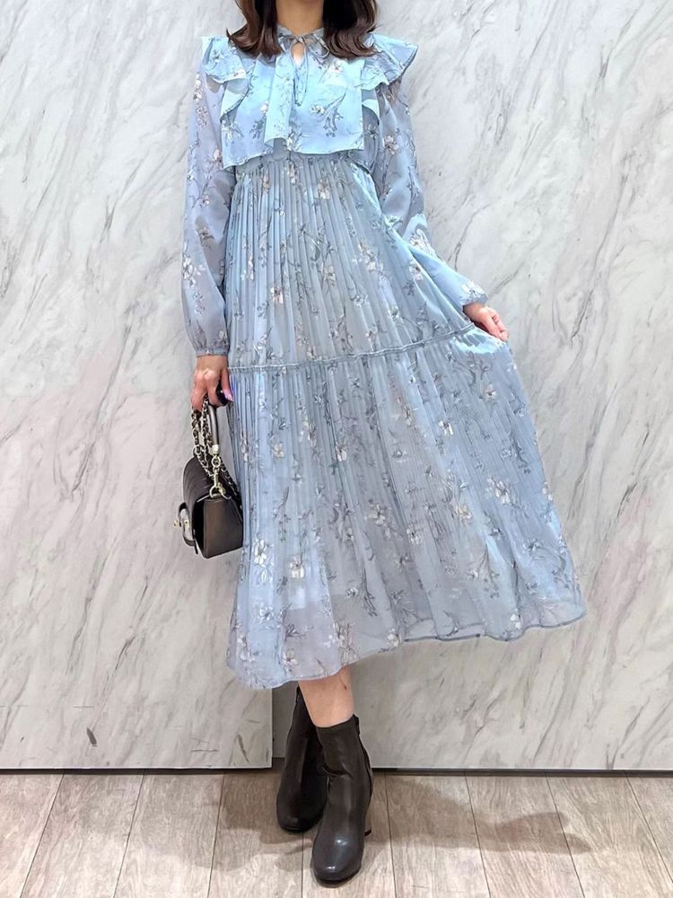 マーキュリーデュオ MERCURYDUO 花柄プリーツティアードワンピース （アイスブルー） アイスブルー