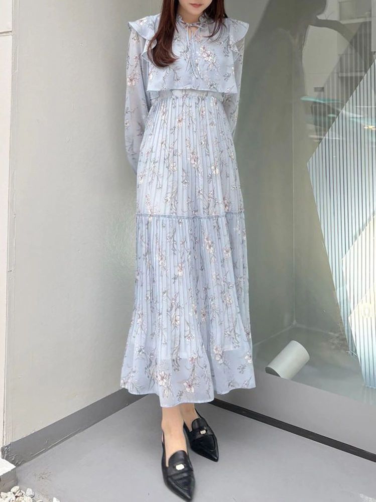 マーキュリーデュオ MERCURYDUO 花柄プリーツティアードワンピース （アイスブルー） アイスブルー