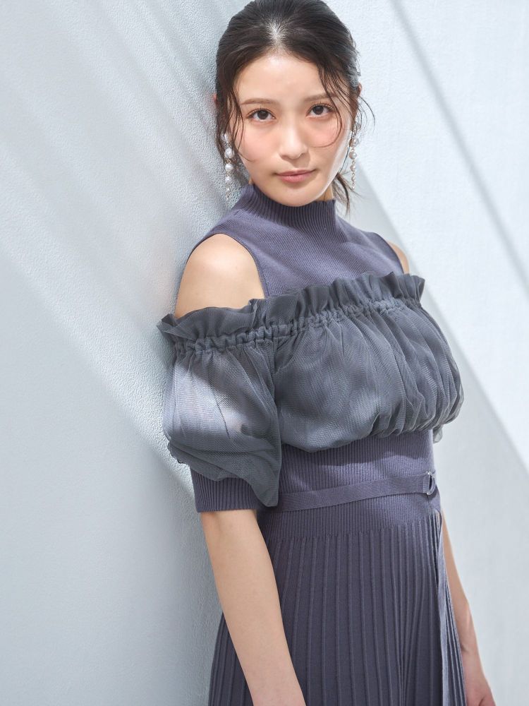 マーキュリーデュオ MERCURYDUO 異素材ドッキングオフショルニットハーフスリーブワ （ベージュ） ベージュ