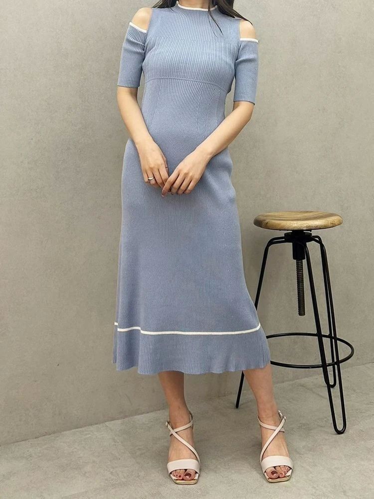 マーキュリーデュオ MERCURYDUO 配色クロスリボンニットワンピース （ブルー） ブルー
