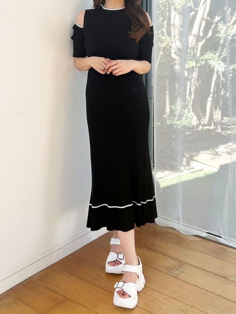 マーキュリーデュオ MERCURYDUO 配色クロスリボンニットワンピース （ブルー） ブルー