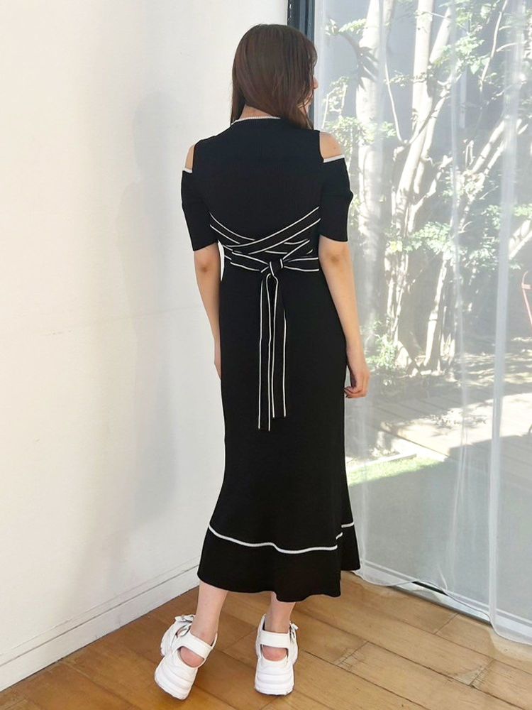 マーキュリーデュオ MERCURYDUO 配色クロスリボンニットワンピース （ブルー） ブルー