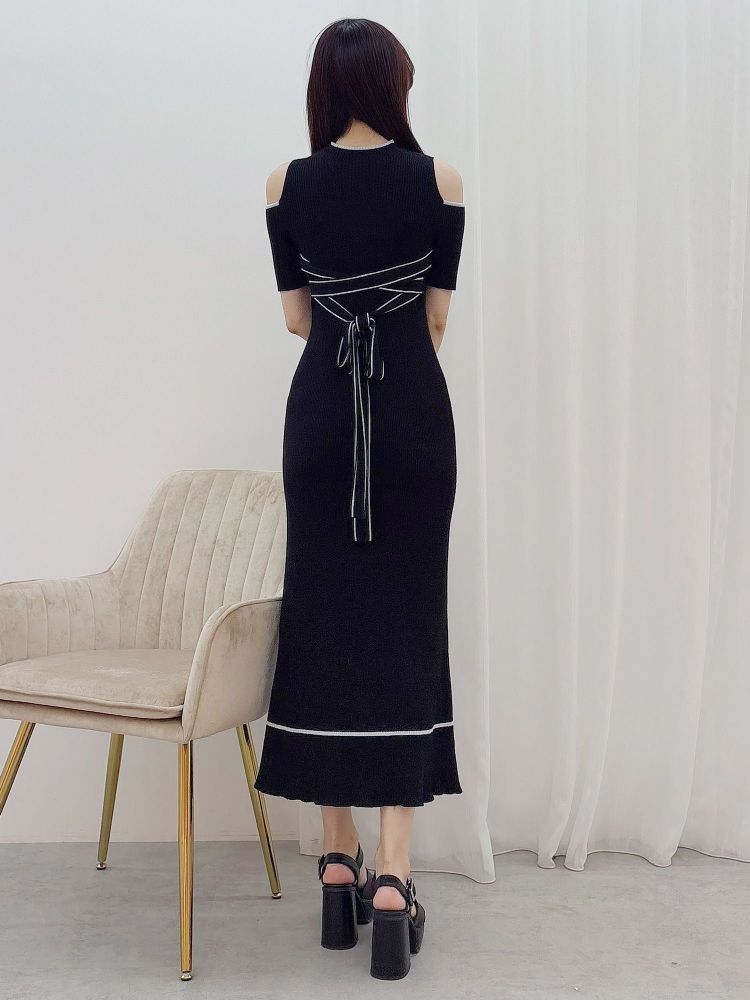 マーキュリーデュオ MERCURYDUO 配色クロスリボンニットワンピース （ブルー） ブルー