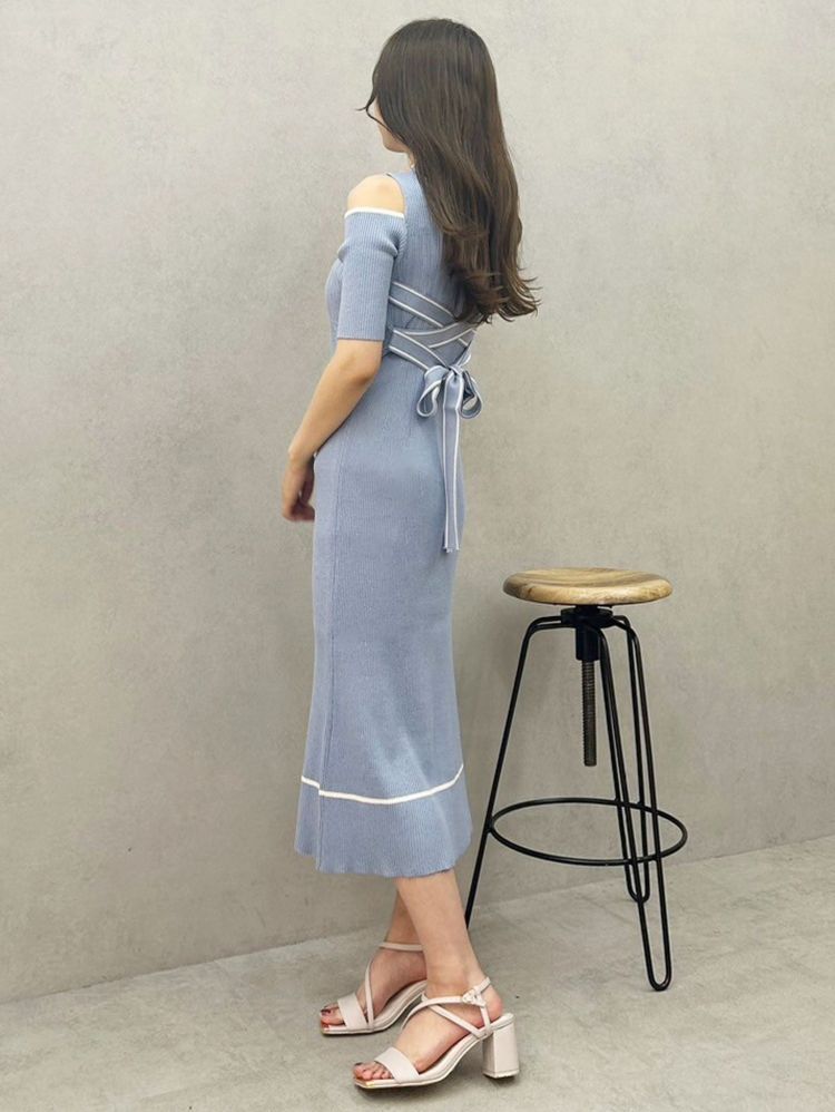 マーキュリーデュオ MERCURYDUO 配色クロスリボンニットワンピース （ブルー） ブルー
