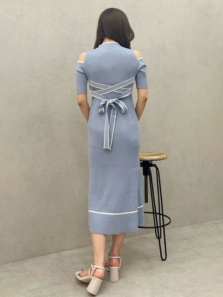マーキュリーデュオ MERCURYDUO 配色クロスリボンニットワンピース （ブルー） ブルー