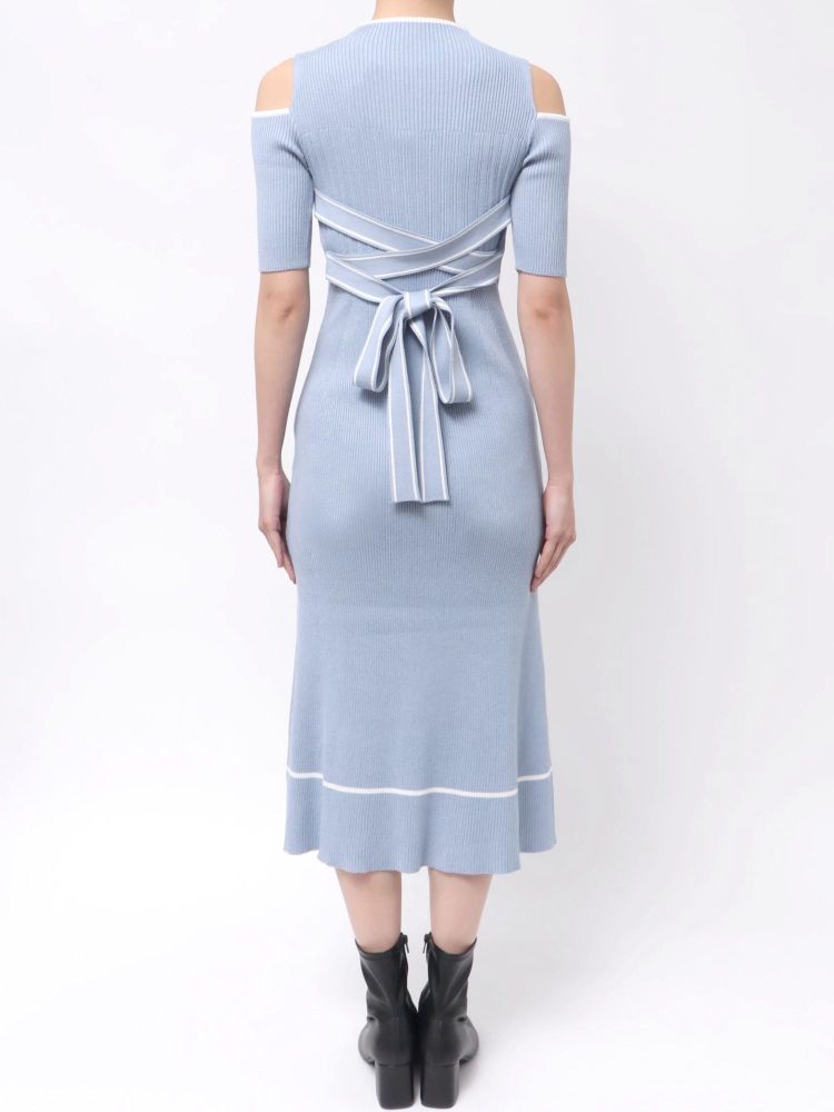 マーキュリーデュオ MERCURYDUO 配色クロスリボンニットワンピース （ブルー） ブルー