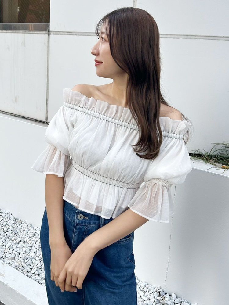 マーキュリーデュオ MERCURYDUO 2WAYオフショルシャーリングブラウス （オフホワイト） オフホワイト