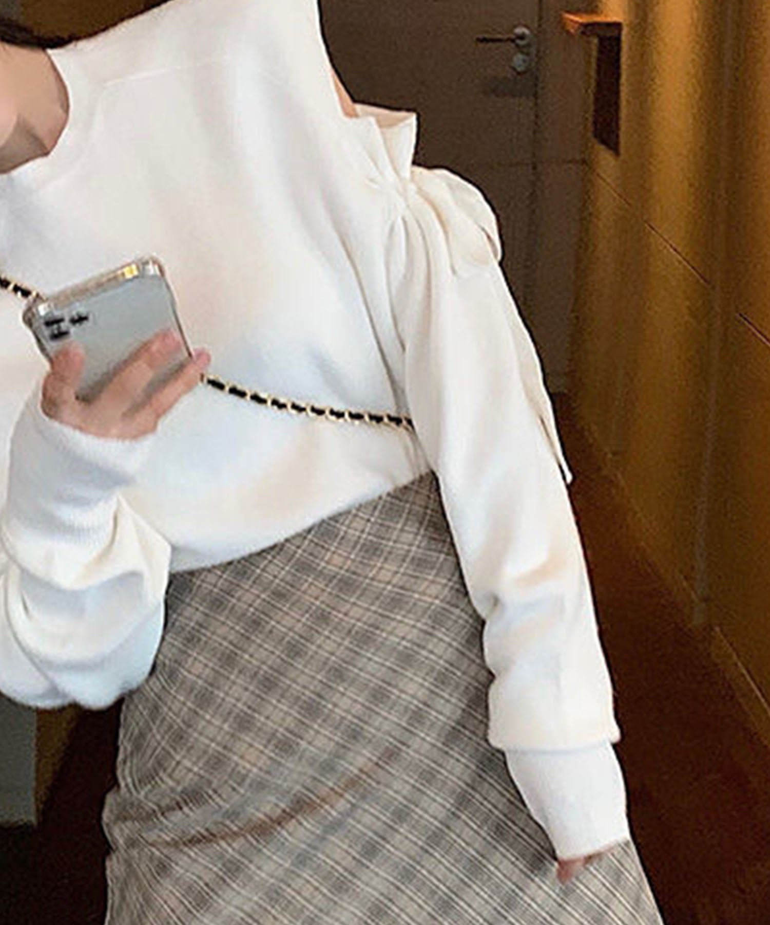 ミージェーン me Jane ショルダーカットギャザーリボンニットトップス