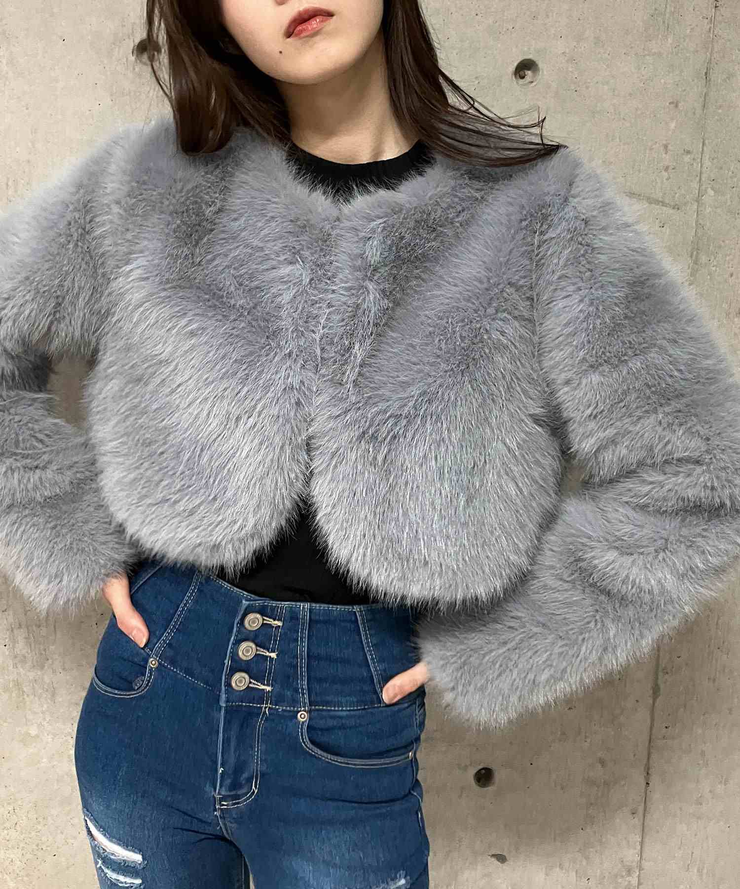 ミージェーン me Jane フェイクファーショート丈コート,グレー