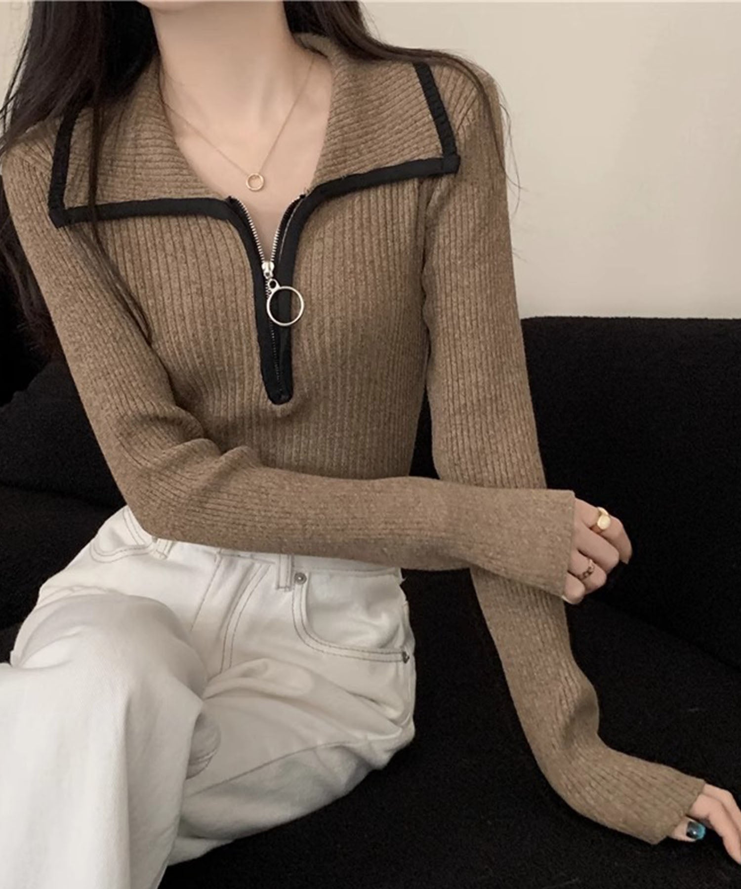 ミージェーン me Jane ハーフジップ配色パイピングリブニット