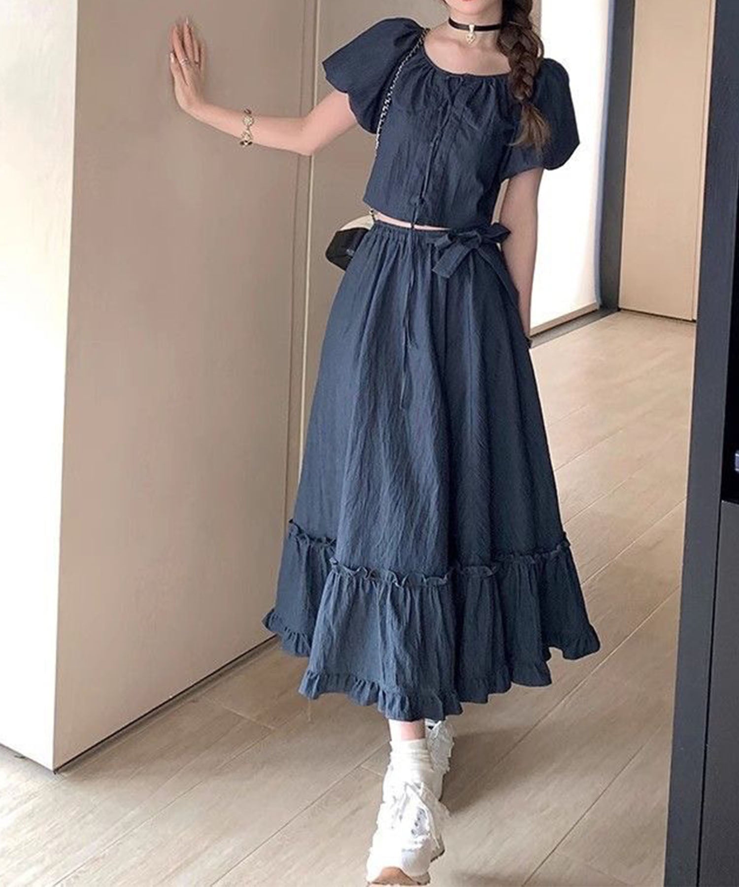 ミージェーン me Jane 半袖トップス×ロングスカート 2点セット （ネービー） ネービー