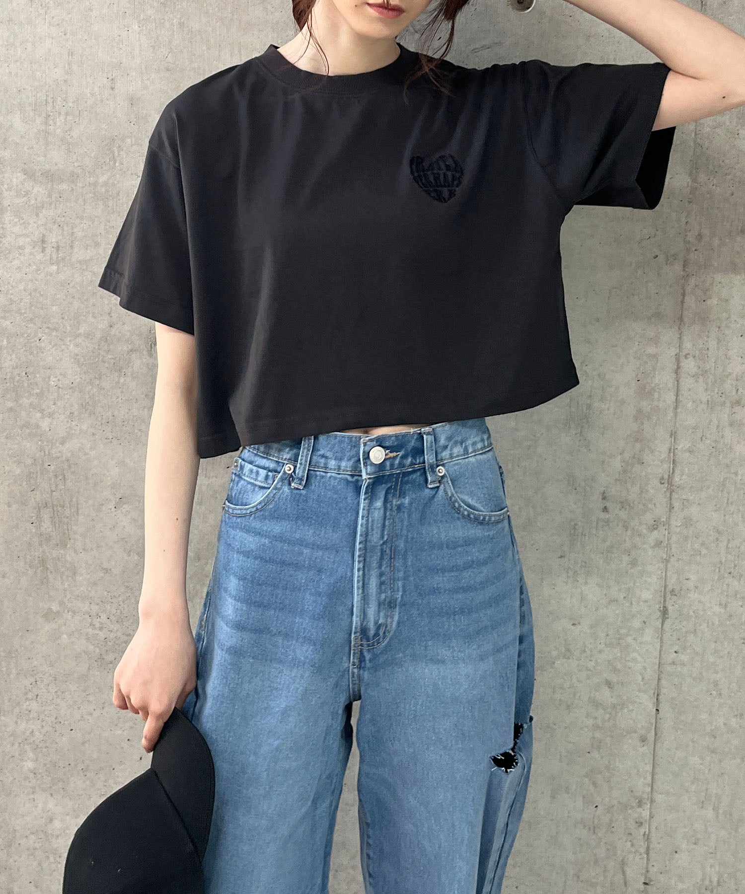 ミージェーン me Jane バックデニムハート型ショート丈Tシャツ （チャコールグレー） チャコールグレー