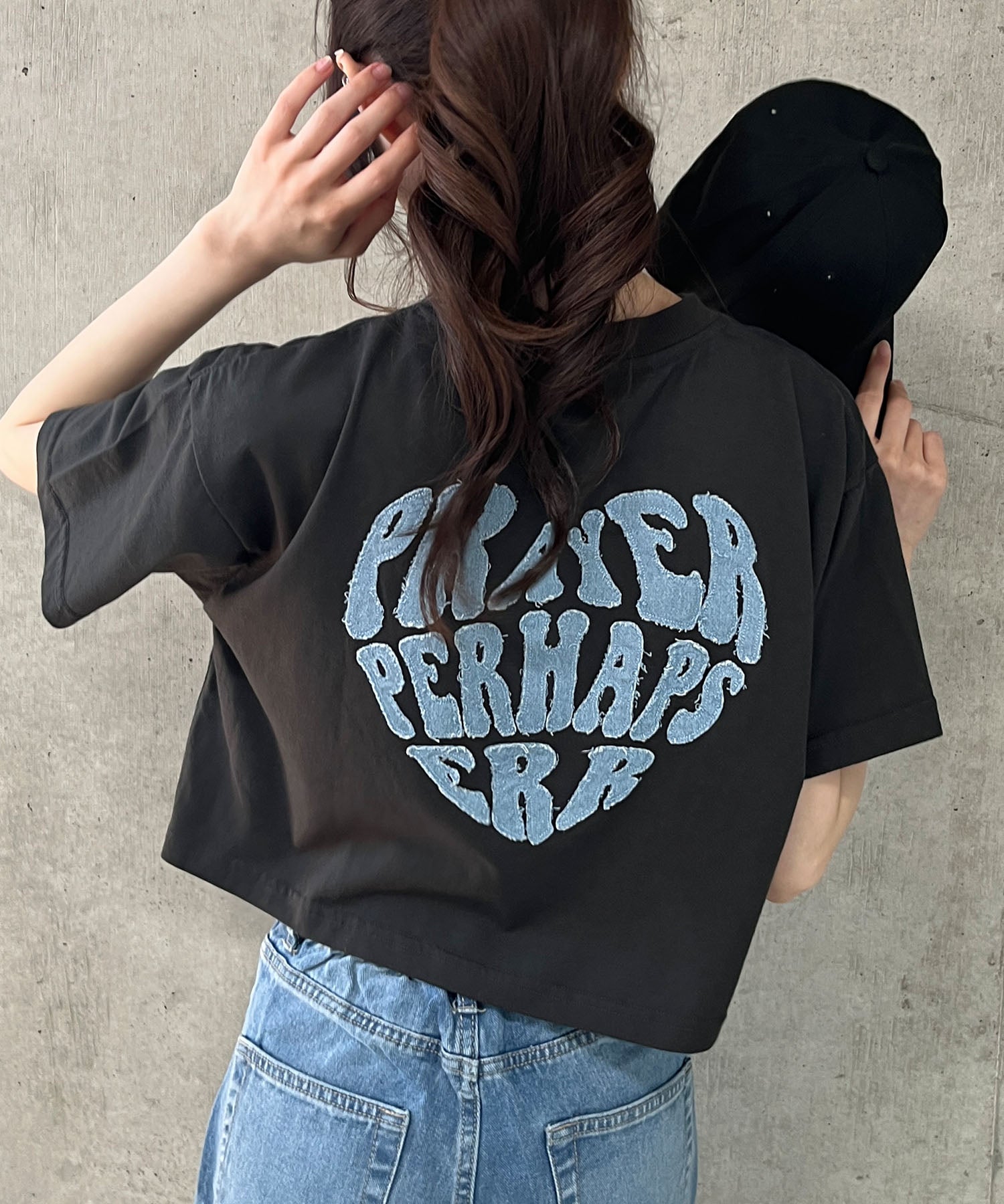 ミージェーン me Jane バックデニムハート型ショート丈Tシャツ （チャコールグレー） チャコールグレー
