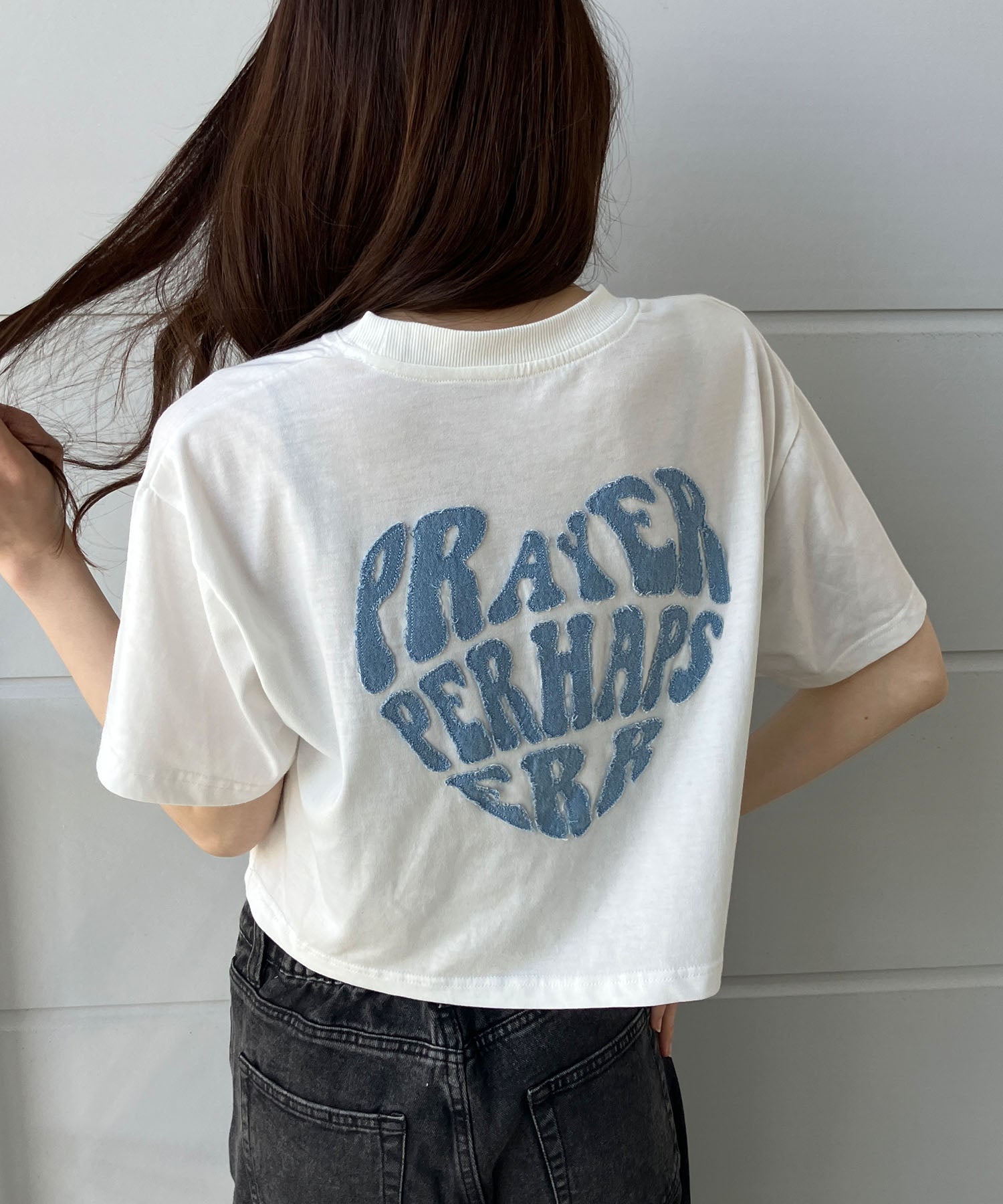 ミージェーン me Jane バックデニムハート型ショート丈Tシャツ （オフホワイト） オフホワイト