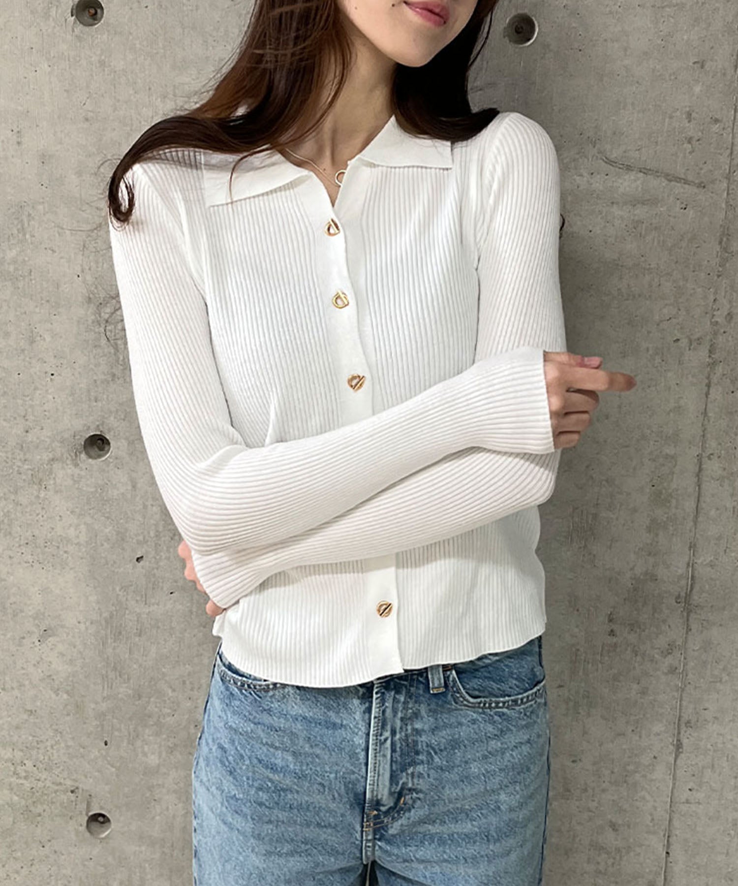 ミージェーン me Jane ポロ衿リブニットトップス （オフホワイト） オフホワイト