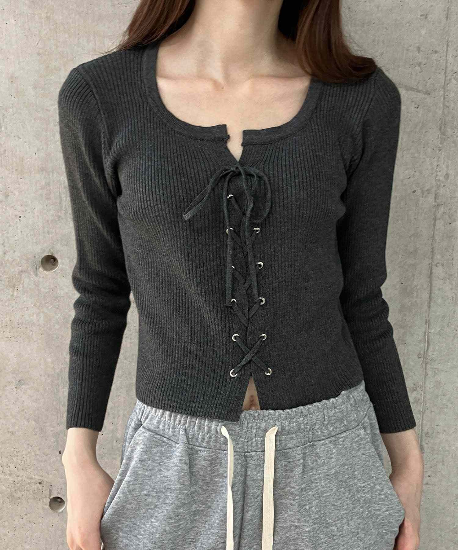 me Jane Lace-Up Cropped Ribbed Knit Top