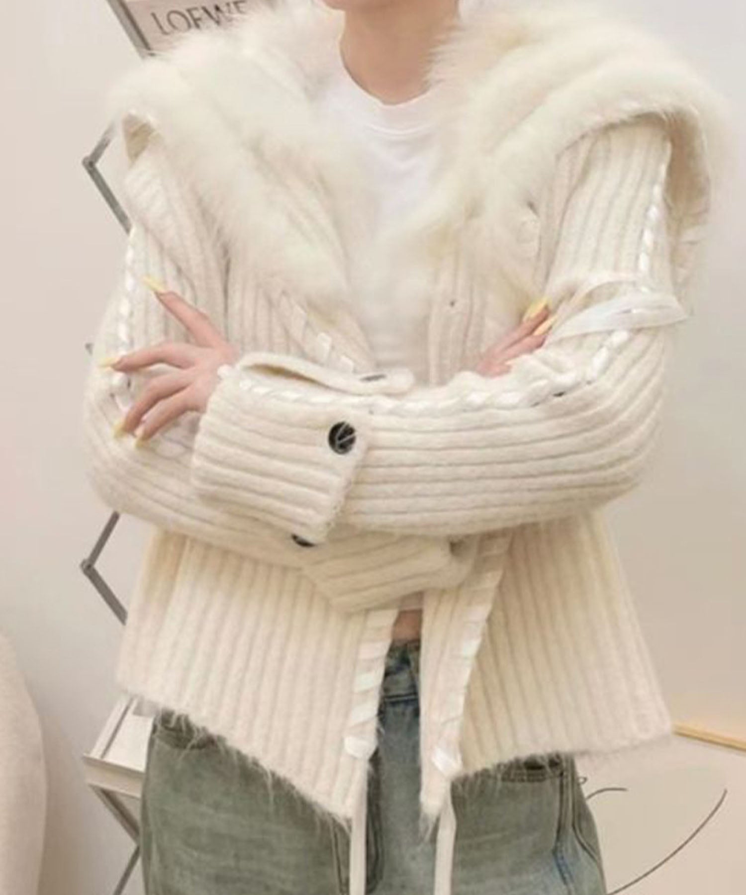 ミージェーン me Jane ハンドステッチフードファーニットカーデ （オフホワイト） オフホワイト