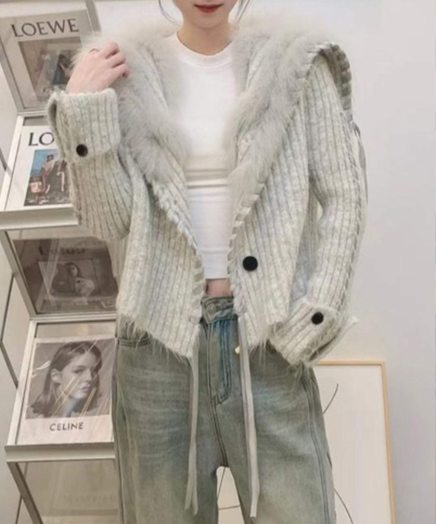 ミージェーン me Jane ハンドステッチフードファーニットカーデ （グレー） グレー