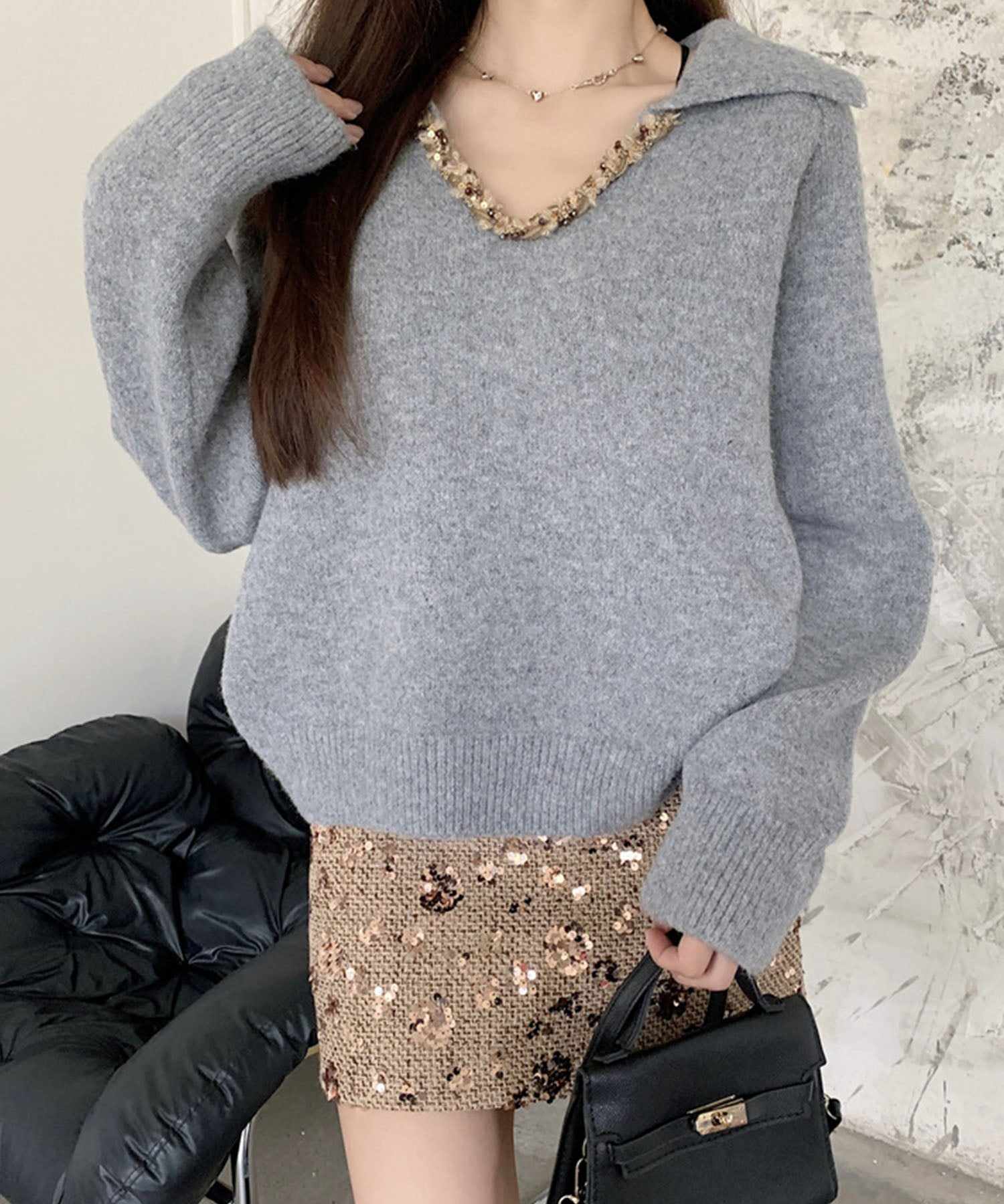 ミージェーン me Jane スキッパーポロ衿付きニットトップス （グレー） グレー