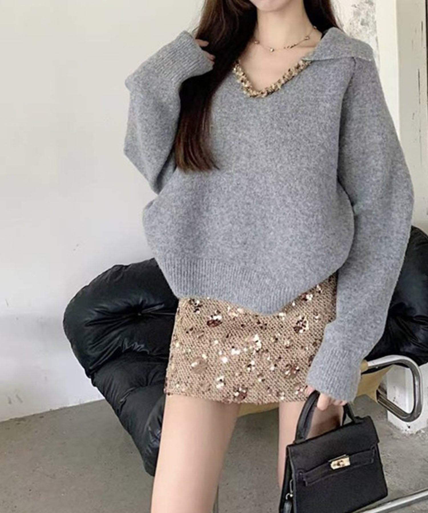 ミージェーン me Jane スキッパーポロ衿付きニットトップス （グレー） グレー