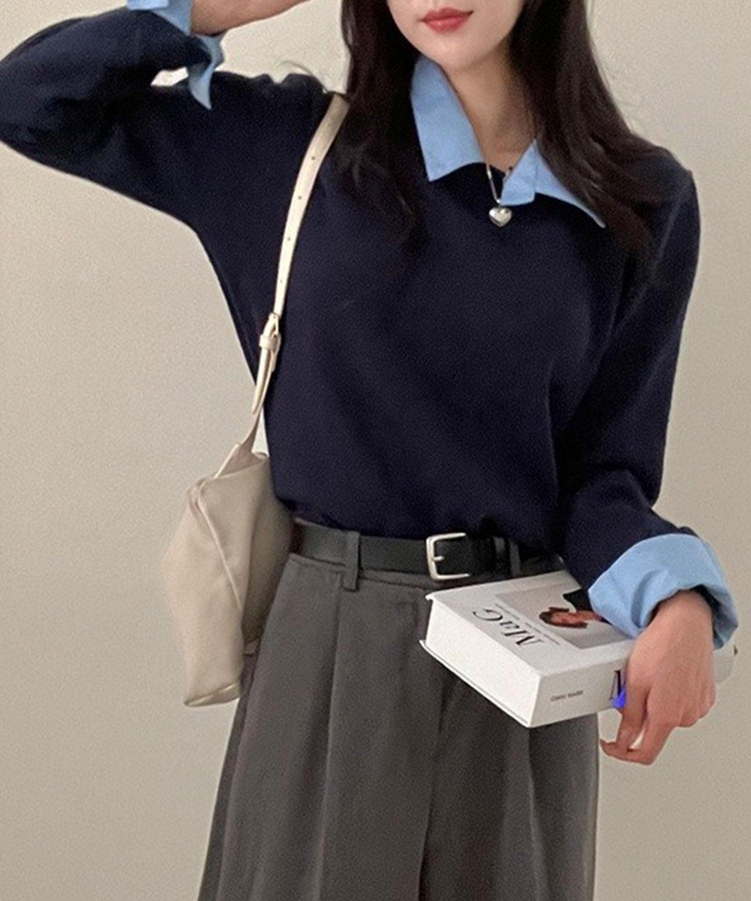 ミージェーン me Jane レイヤード風ニットトップス（ネービー） ネービー