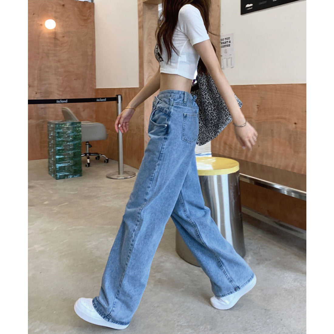 ミージェーン me Jane ハイウエストルーズデニムセミワイドパンツ,ブルー