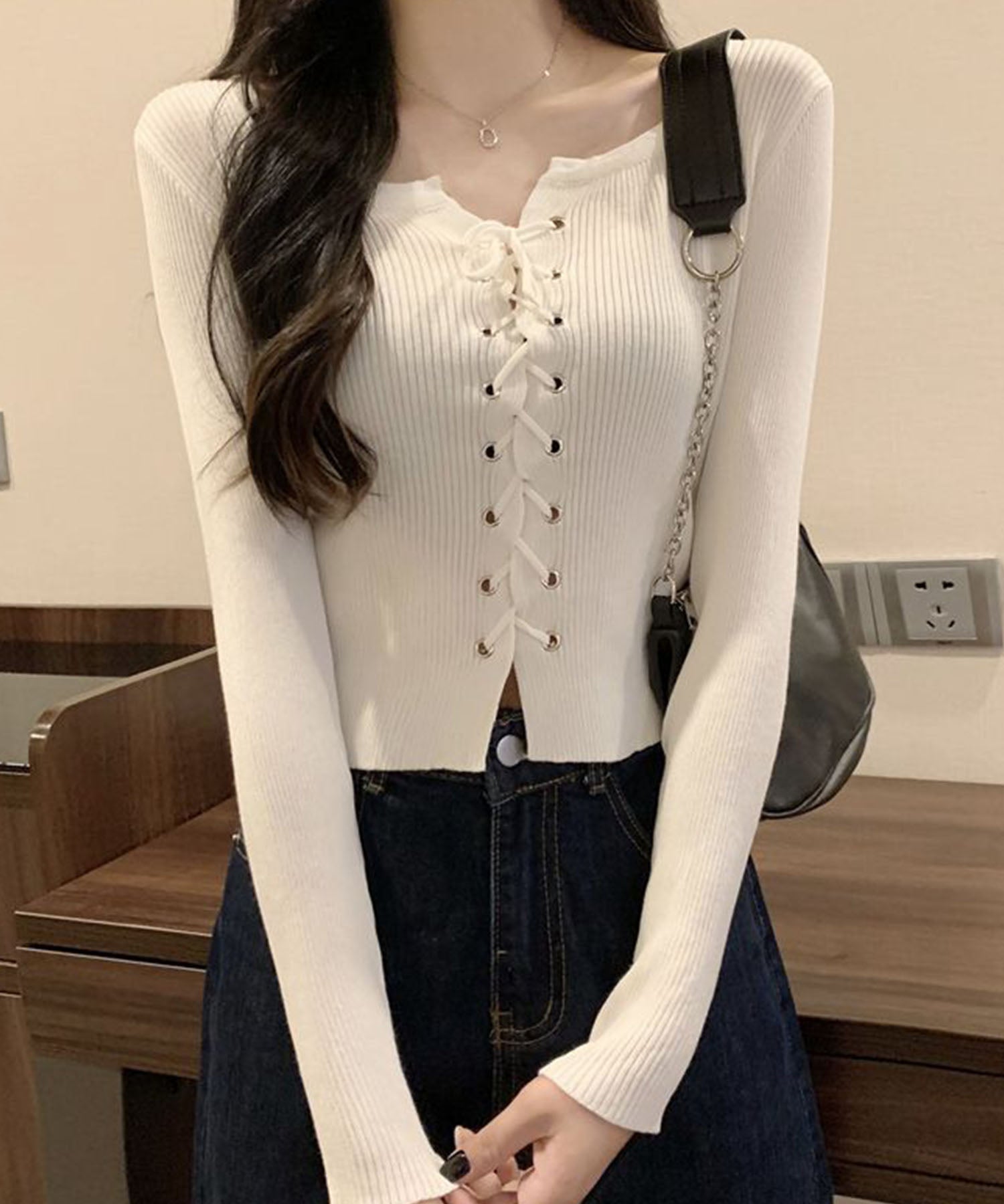 me Jane Lace-Up Cropped Ribbed Knit Top