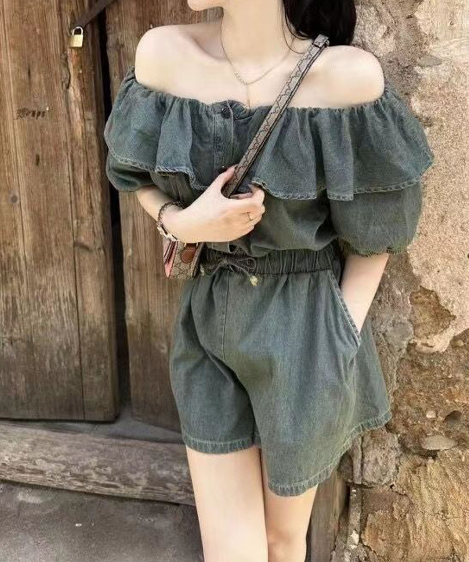 Mii Jane me Jane Flare Top Denim Short Romper