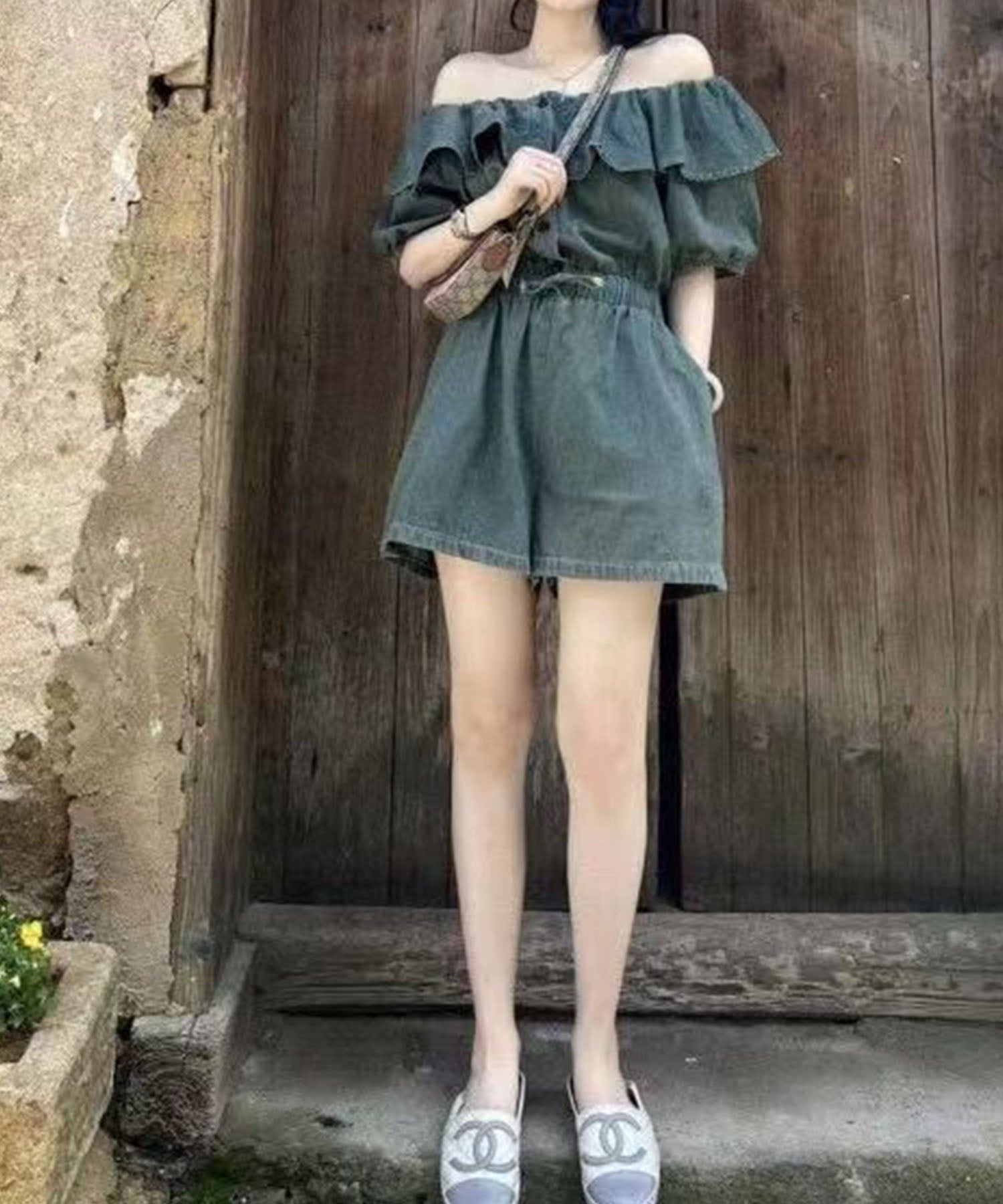 Mii Jane me Jane Flare Top Denim Short Romper