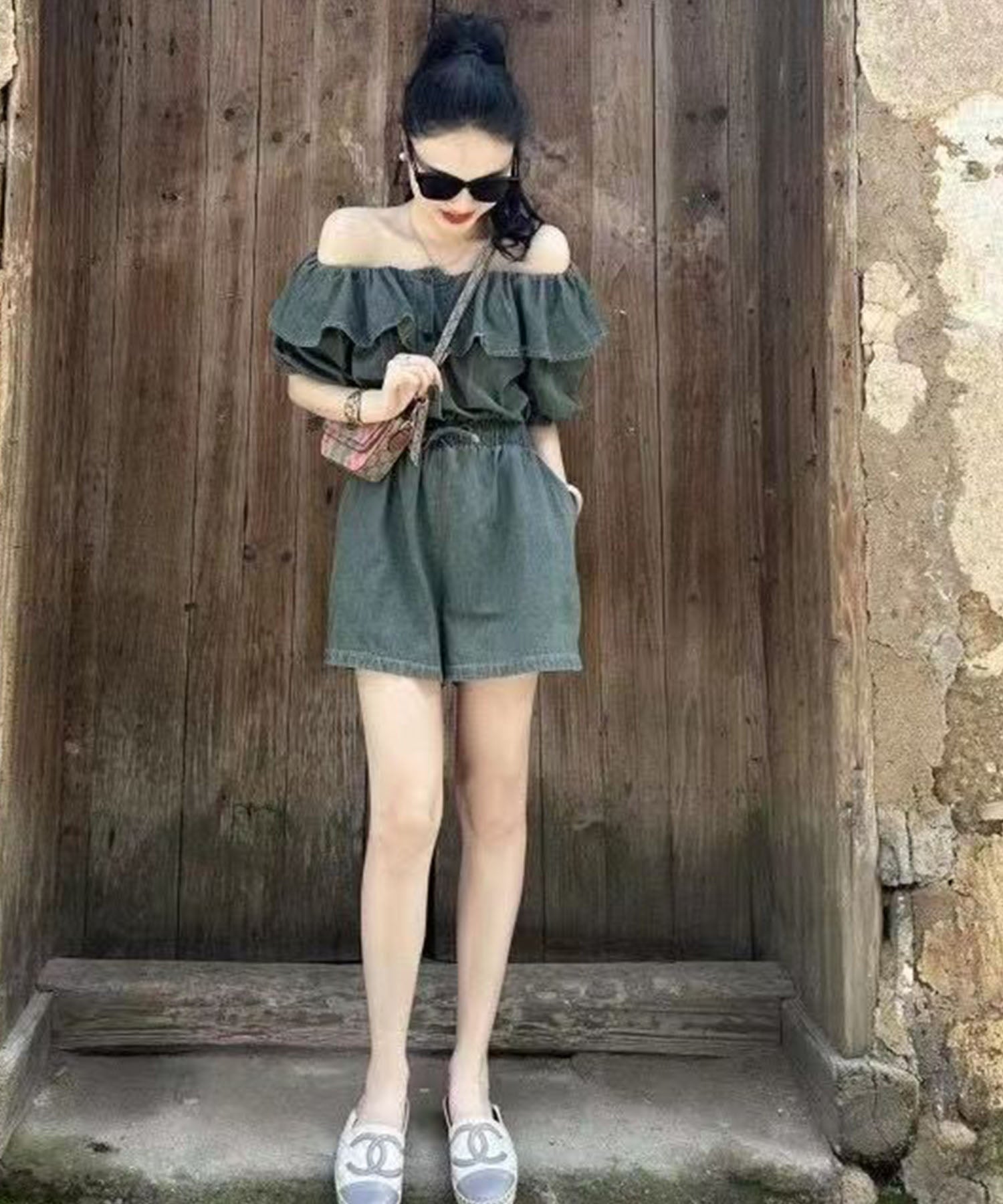Mii Jane me Jane Flare Top Denim Short Romper