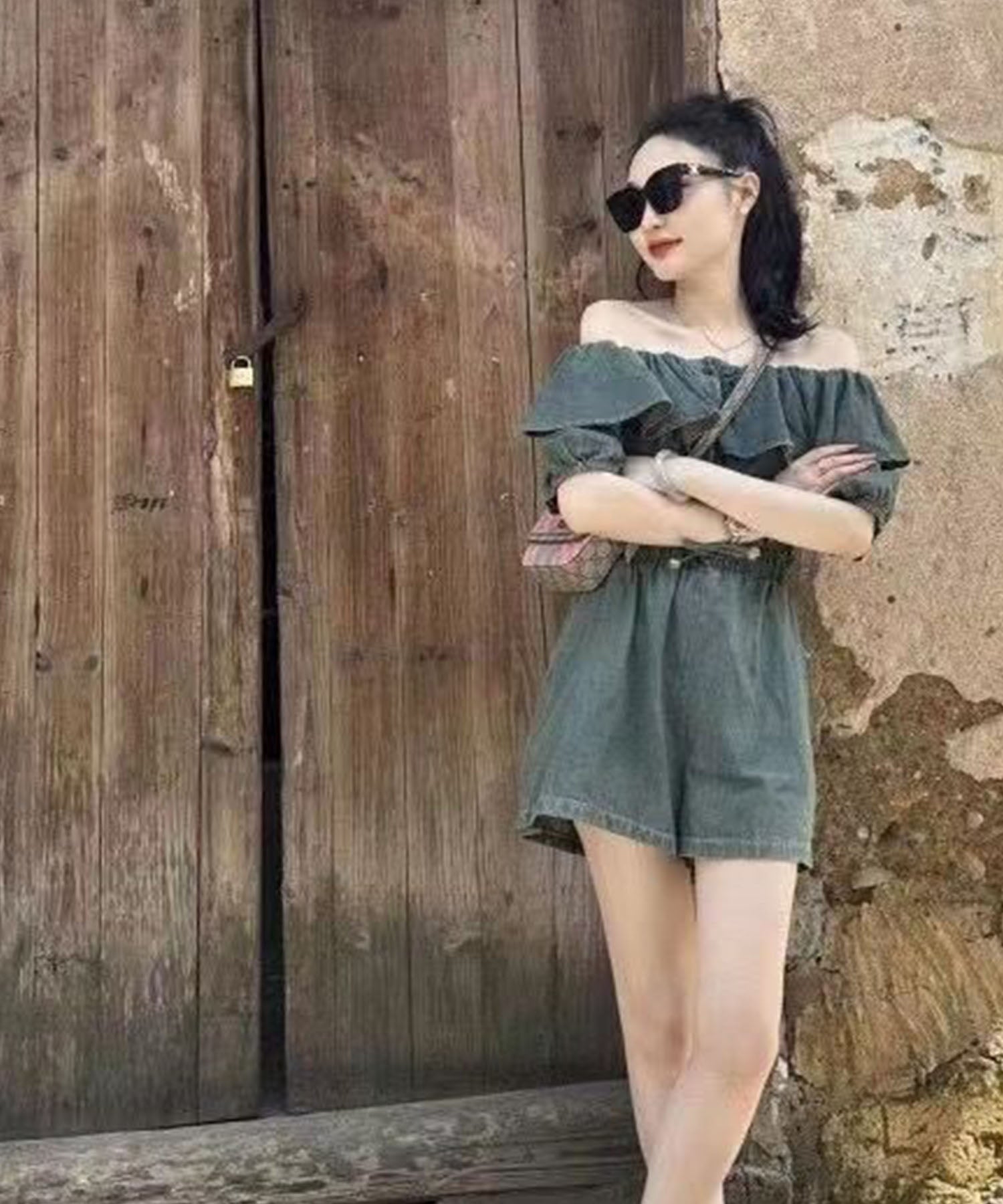 Mii Jane me Jane Flare Top Denim Short Romper