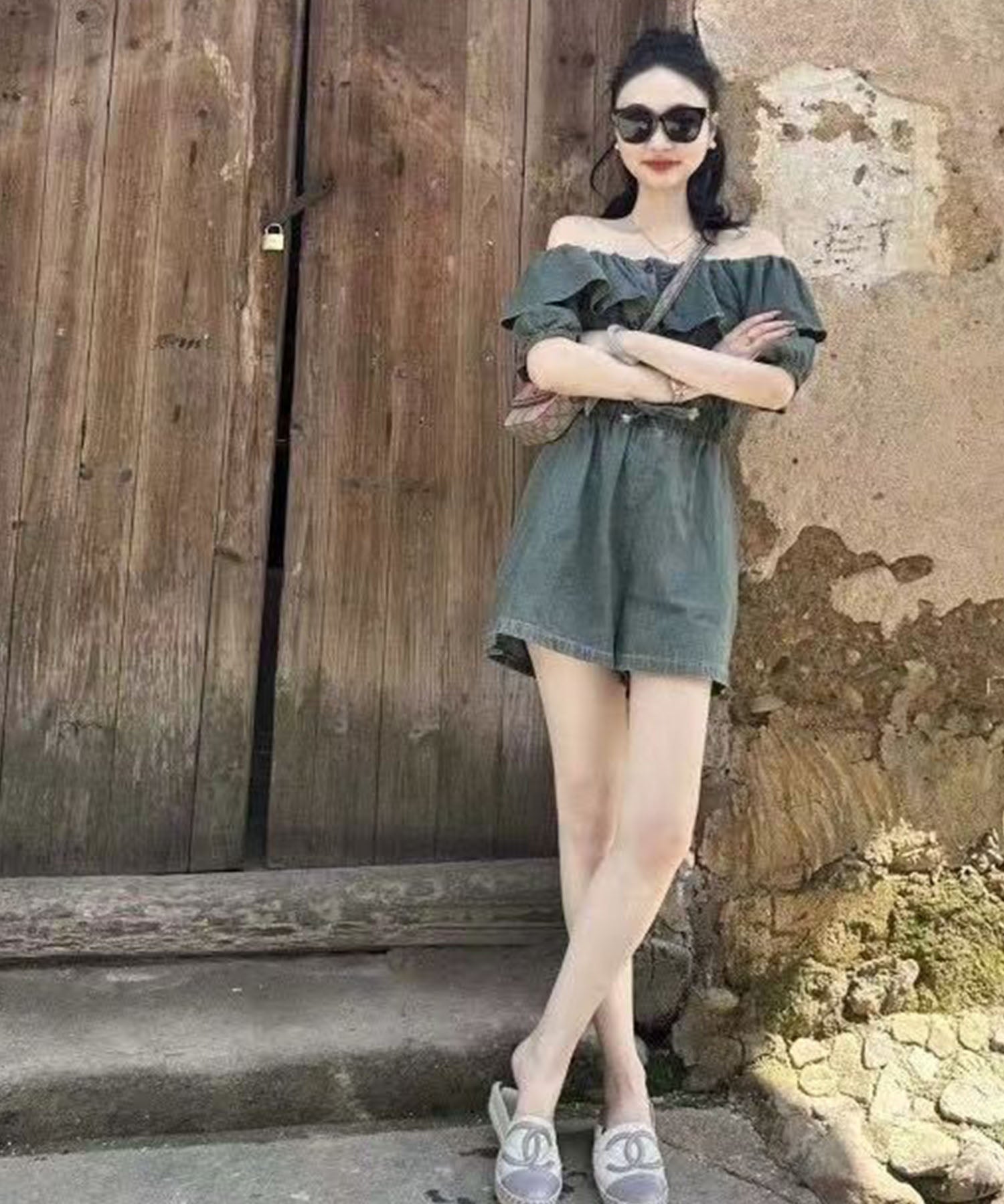 Mii Jane me Jane Flare Top Denim Short Romper