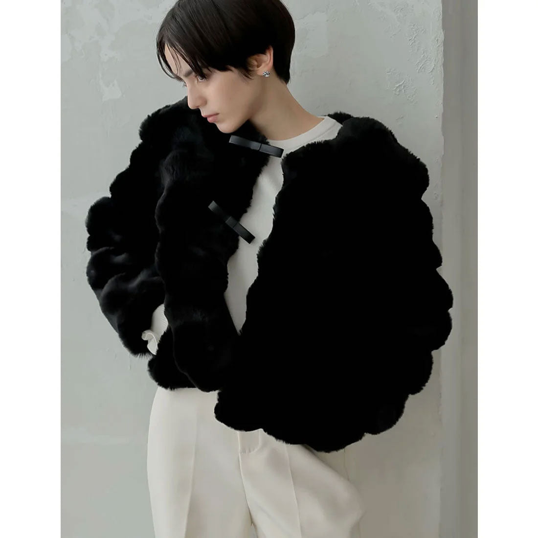 ミズム MEISM [2024-25 WINTER COLLECTION][MEISM by Re:EDIT]ブロックフェイクファーリボン付ショートコート,ブラック