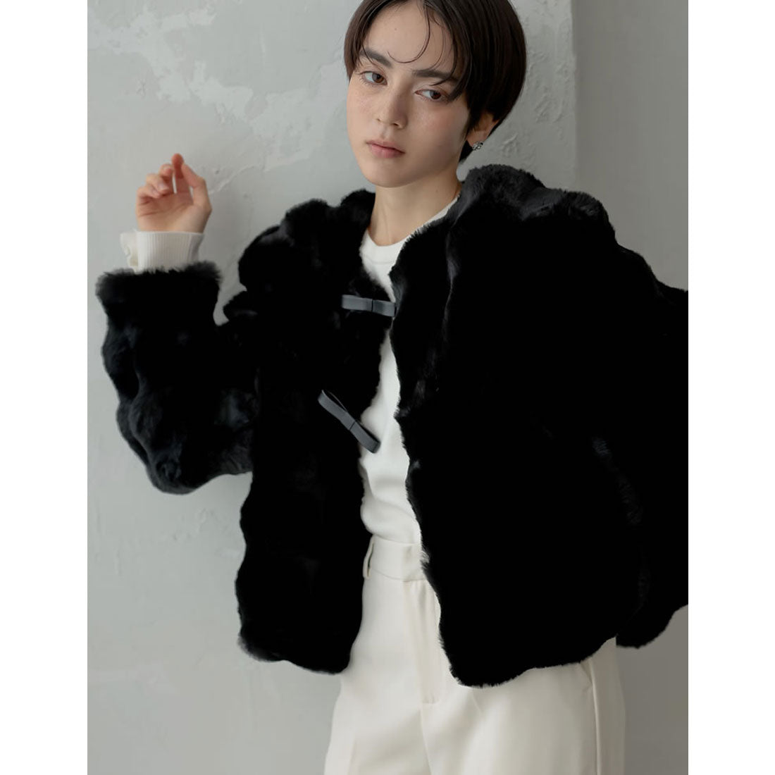 ミズム MEISM [2024-25 WINTER COLLECTION][MEISM by Re:EDIT]ブロックフェイクファーリボン付ショートコート