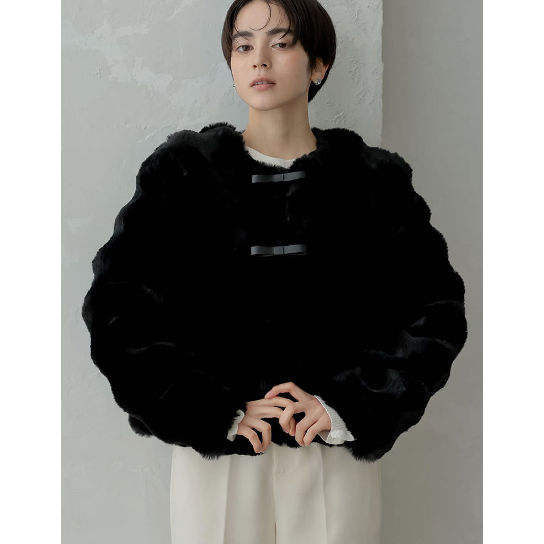 ミズム MEISM [2024-25 WINTER COLLECTION][MEISM by Re:EDIT]ブロックフェイクファーリボン付ショートコート