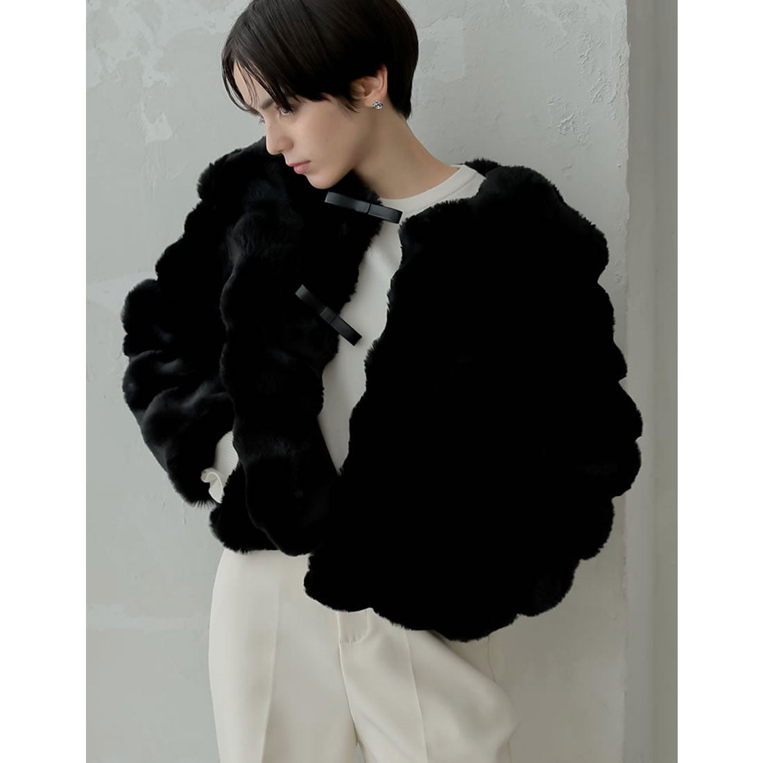 ミズム MEISM [2024-25 WINTER COLLECTION][MEISM by Re:EDIT]ブロックフェイクファーリボン付ショートコート