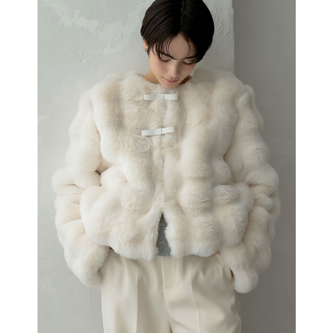 ミズム MEISM [2024-25 WINTER COLLECTION][MEISM by Re:EDIT]ブロックフェイクファーリボン付ショートコート