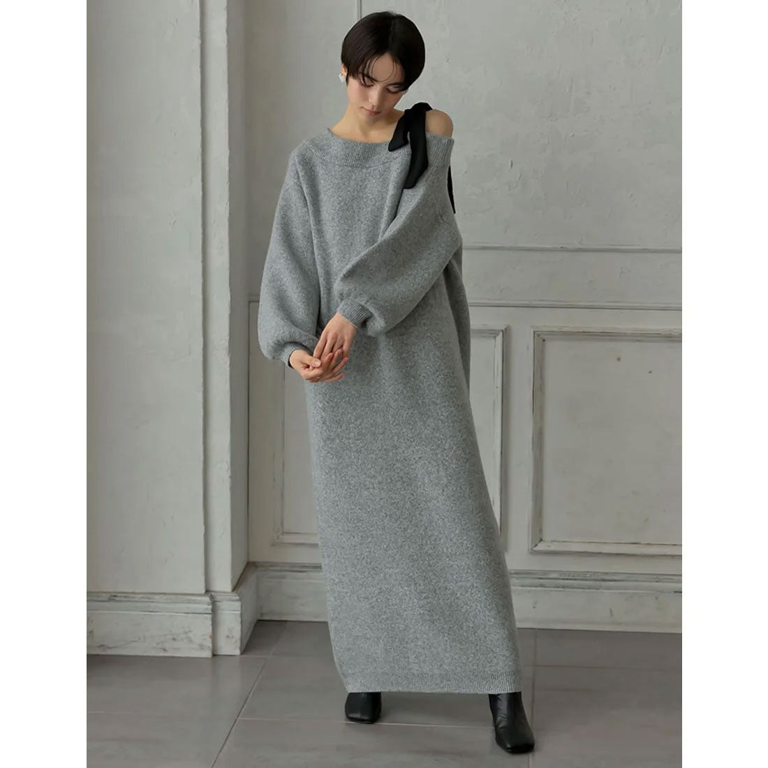 ミズム MEISM [2024-25 WINTER COLLECTION][MEISM by Re:EDIT][低身長サイズ有]ショルダーリボンニットワンピース,グレー