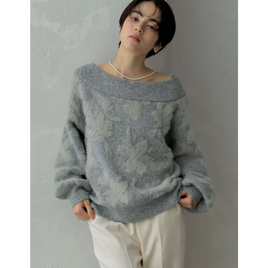 ミズム MEISM [2024-25 WINTER COLLECTION][MEISM by Re:EDIT]2WAYシャギーフラワージャガードニットトップス,グレー
