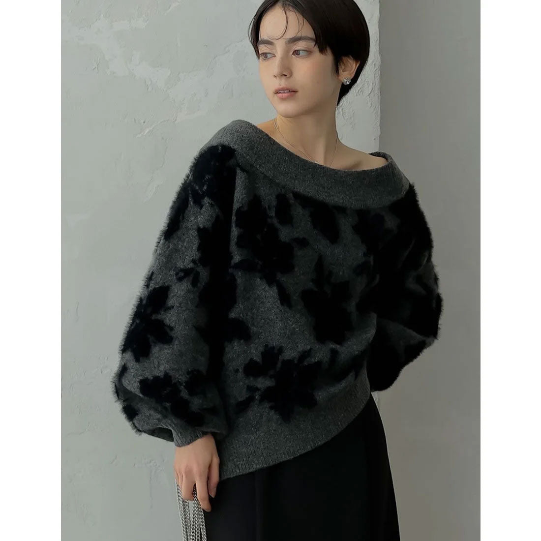 ミズム MEISM [2024-25 WINTER COLLECTION][MEISM by Re:EDIT]2WAYシャギーフラワージャガードニットトップス,ブラック