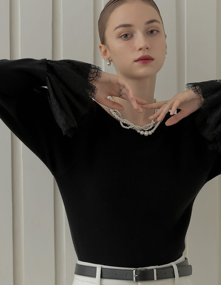 ミズム MEISM リバーレースフリルボートネックニット （ブラック） ブラック